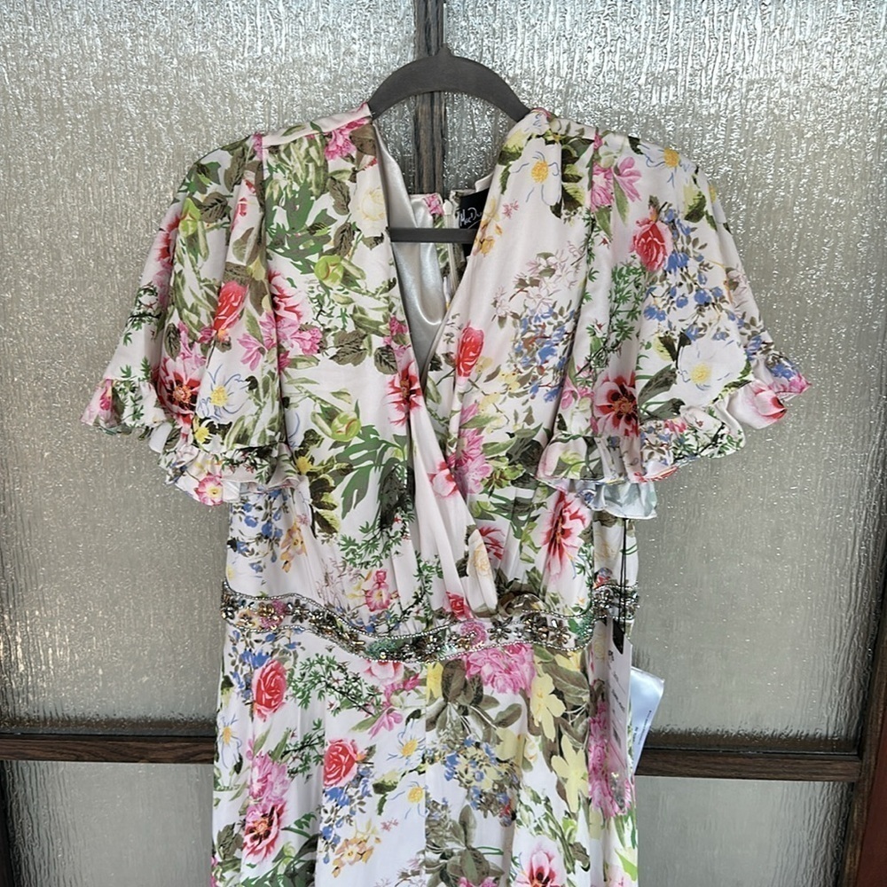 Mac Duggal FLORAL PRINT FAUX WRAP FLUTTER SLEEVE A LINE GOWN size 12 $498 - Picture 8 of 15
